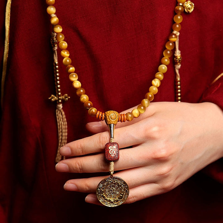 Buddha Stones 108 Mala Koraliki Naturalne Tygrysie Oko Miedź Dorje Ochrona Bransoletka z Chwostem