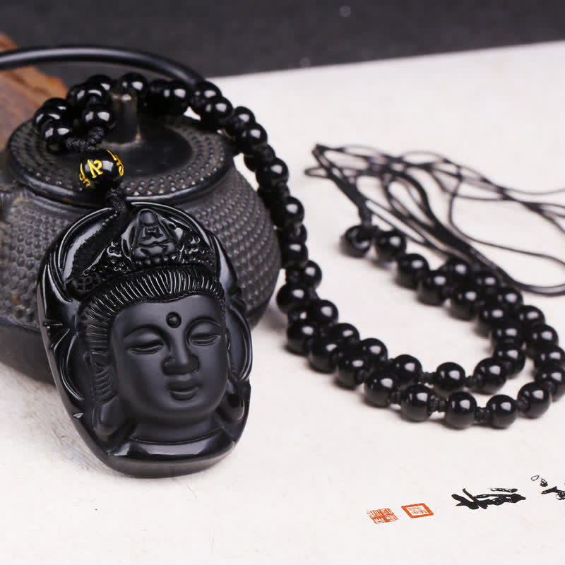 Buddha Stones Naturalny Czarny Obsydian Kwan Yin Awalokiteśwara Siła Naszyjnik Wisiorek - Czarny obsydian (oczyszczenie ♥ transformacja) - image 1