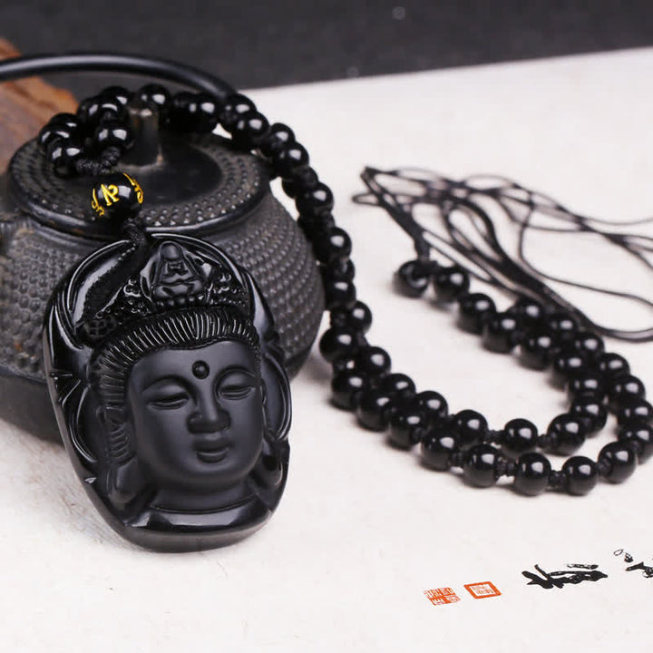 Buddha Stones Naturalny Czarny Obsydian Kwan Yin Awalokiteśwara Siła Naszyjnik Wisiorek - Czarny obsydian (oczyszczenie ♥ transformacja) - image 1