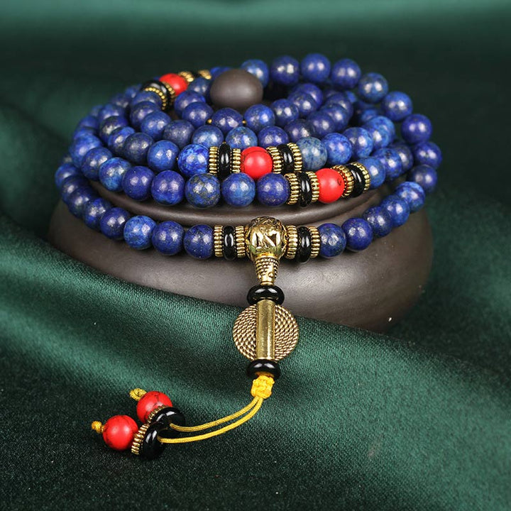 Buddha Stones Tybetańska Mala Lapis Lazuli Pozytywna Bransoletka