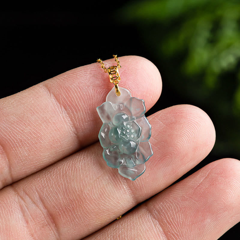 Buddha Stones 18K Złoto Naturalny Jadeit Wzór Lotosu Naszyjnik Wisiorek Dobrobyt - image 3