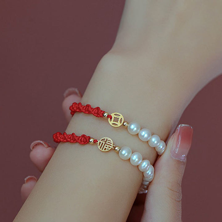 Bransoletka z czerwonego sznurka z perłowymi koralikami i powłoką ochronną 14K Gold