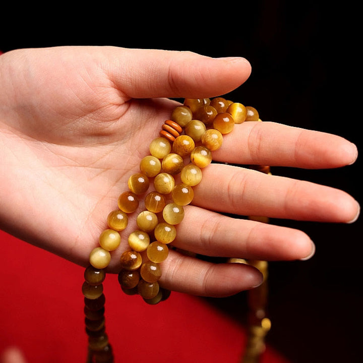 Buddha Stones 108 Mala Koraliki Naturalne Tygrysie Oko Miedź Dorje Ochrona Bransoletka z Chwostem