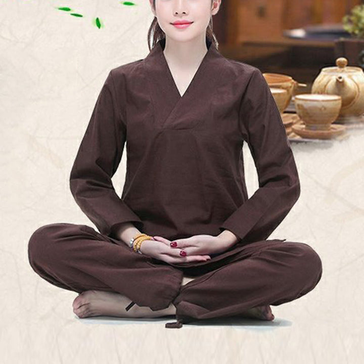 Buddha Stones Zen Praktyka Joga Medytacja Modlitwa Dekolt w serek Projekt Jednolita Bawełna Lniana Odzież Damska Zestaw - image 14