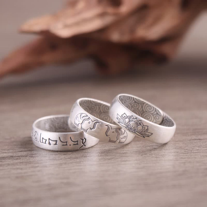 Buddha Stones 999 Srebro Sterlingowe Lotus Elephant Sześć Prawdziwych Słów Pierścień Błogosławieństwa - image 0