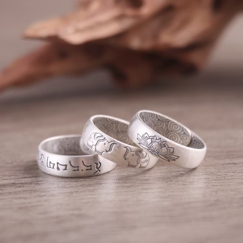 Buddha Stones 999 Srebro Sterlingowe Lotus Elephant Sześć Prawdziwych Słów Pierścień Błogosławieństwa - image 0