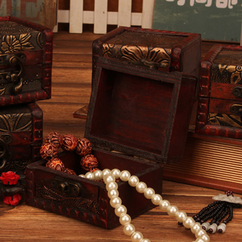 Buddha Stones Retro Małe Kwadratowe Drewniane Pudełko Na Biżuterię Kwiat Lotosu Trawa Winogrono Miedziana Moneta Żonkil Pudełko Do Przechowywania Biżuterii