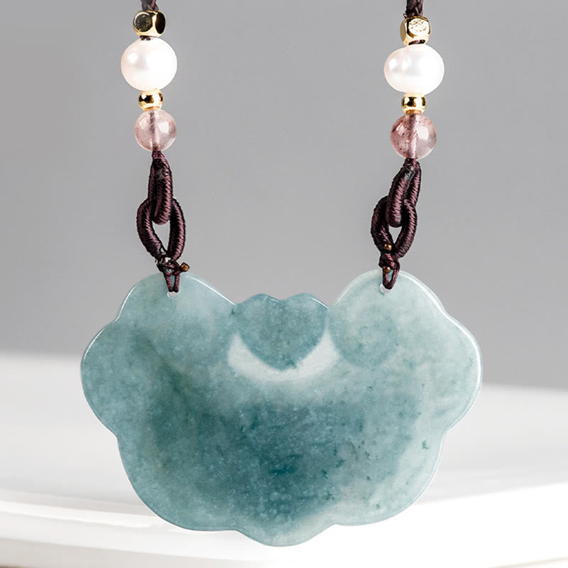 Buddha Stones Naturalny Jadeit Peonia Kwiat Kłódka Dobrych Życzeń Naszyjnik Wisiorek Dobrobytu