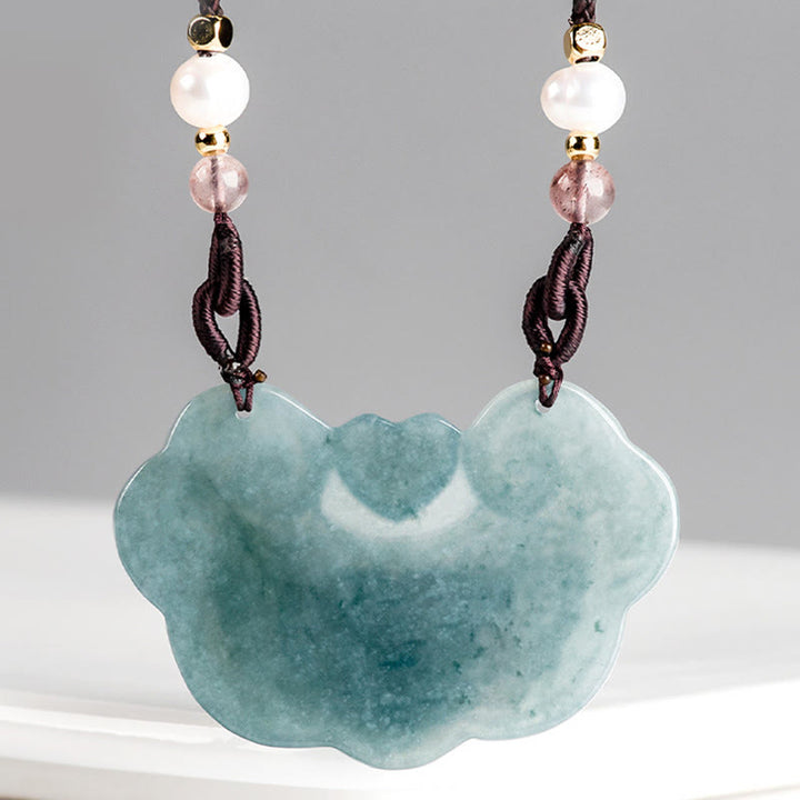 Buddha Stones Naturalny Jadeit Peonia Kwiat Kłódka Dobrych Życzeń Naszyjnik Wisiorek Dobrobytu