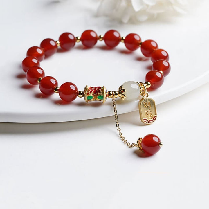 Buddha Stones Naturalny Czerwony Agat Hetian Jade Fu Charakter Pewność Bransoletka Charm