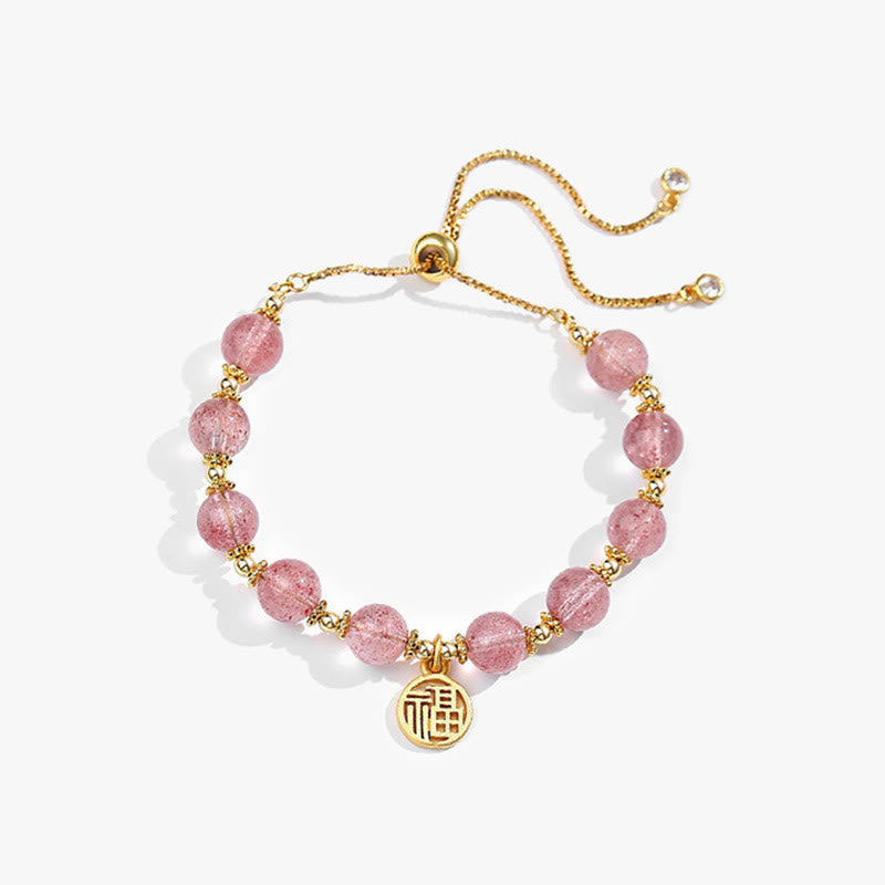 Bransoletka z Buddha Stones 14K pozłacana naturalna truskawka kwarc Fu Character Positive Charm