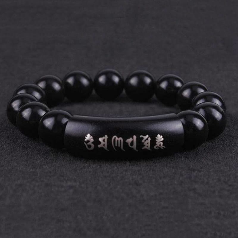 Buddha Stones 999 Srebro Sterlingowe Drewno Hebanowe Om Mani Padme Hum Intarsjowana Bransoletka Równowagi