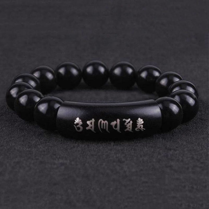Buddha Stones 999 Srebro Sterlingowe Drewno Hebanowe Om Mani Padme Hum Intarsjowana Bransoletka Równowagi