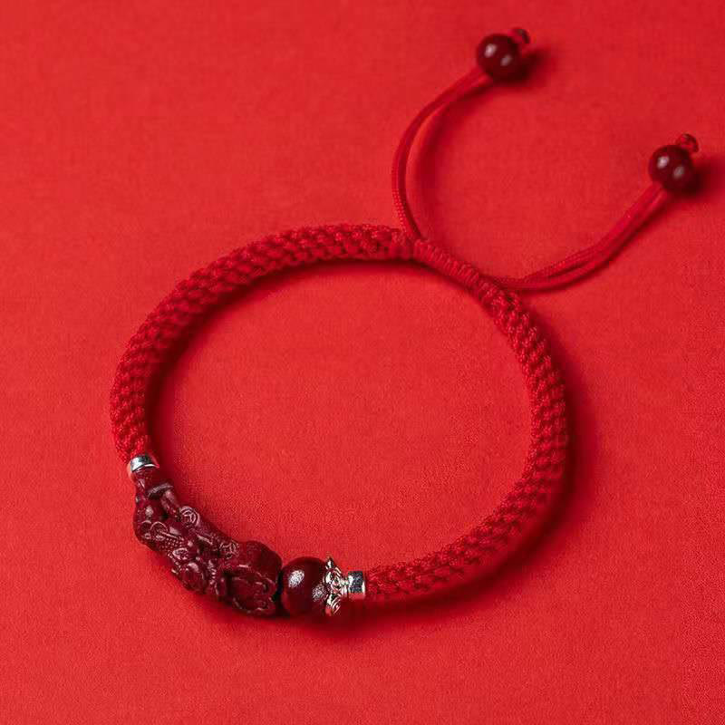 Buddha Stones Ręcznie robione PiXiu Cinnabar Wealth Luck Bransoletka pleciona