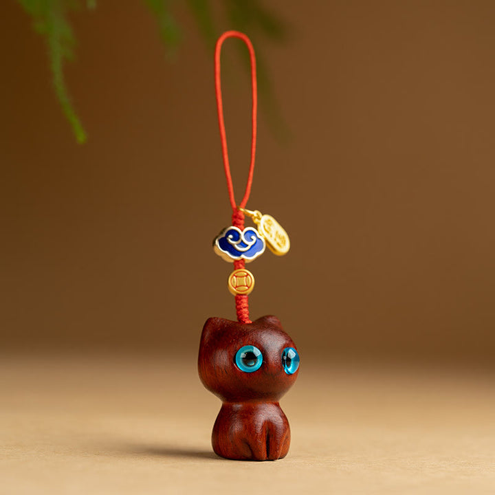 Buddha Stones Mały liść Czerwony sandałowiec Drewno hebanowe Szczęśliwy kot Ochrona Brelok Telefon Wiszący Dekoracja - Kot z małym liściem czerwonego drzewa sandałowego - Dekoracja do zawieszenia telefonu - image 7