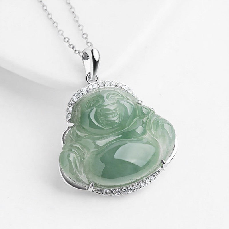Buddha Stones Naszyjnik z tytanową stalową wisiorką z zawieszką szczęścia z zielonego jadeitu w kształcie śmiejącego się Buddy - image 1