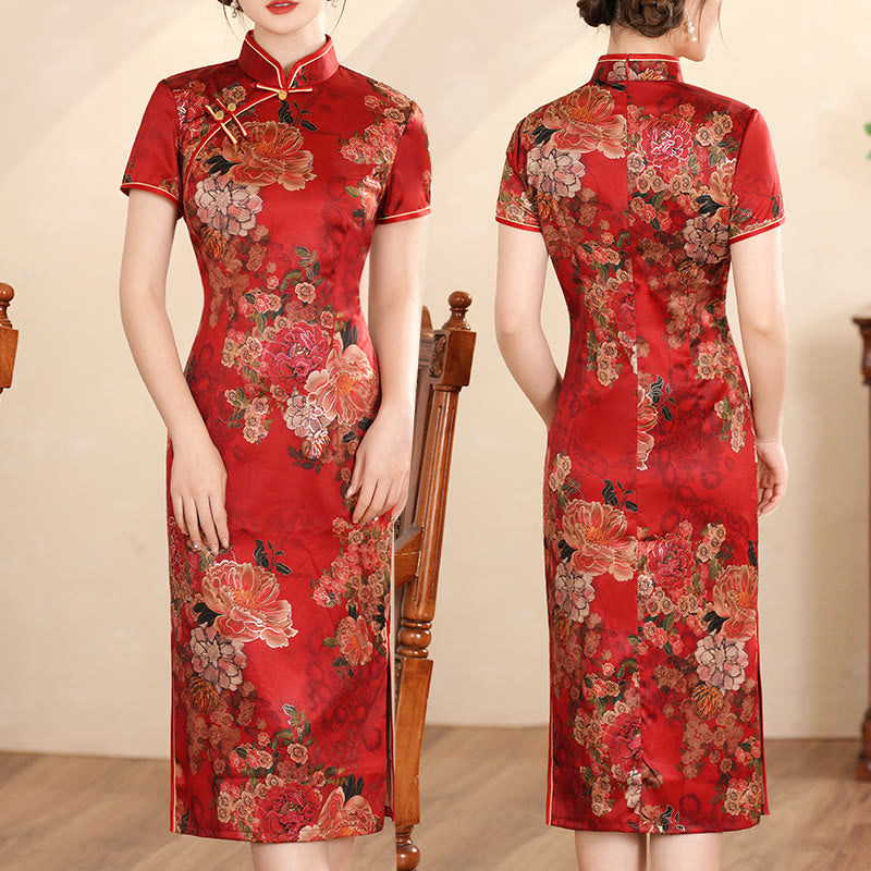 Buddha Stones Retro Kwiat Lotos Piwonia Pióro Druk Qipao Sukienka Damska Cheongsam Sukienka - Czerwona piwonia - US16, UK/AU20, EU48 (5XL) - image 16