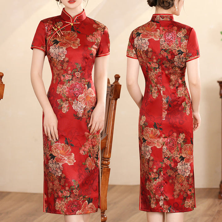 Buddha Stones Retro Kwiat Lotos Piwonia Pióro Druk Qipao Sukienka Damska Cheongsam Sukienka - Czerwona piwonia - US16, UK/AU20, EU48 (5XL) - image 16