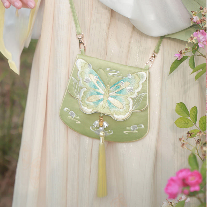 Buddha Stones Szczęście Haft Lotos Koi Ryba Królik Kwiat Hanfu Torba Crossbody Torba na Ramię - Zielony motyl - image 25