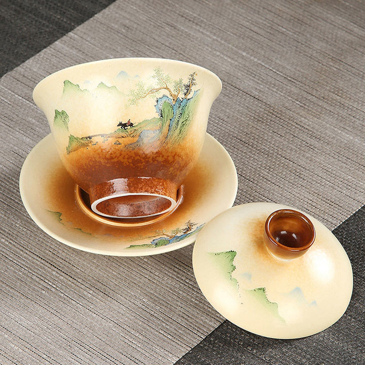 Buddha Stones Górski Krajobraz Wiejski Ceramiczny Gaiwan Sancai Filiżanka Kung Fu Filiżanka I Spodek Z Pokrywką