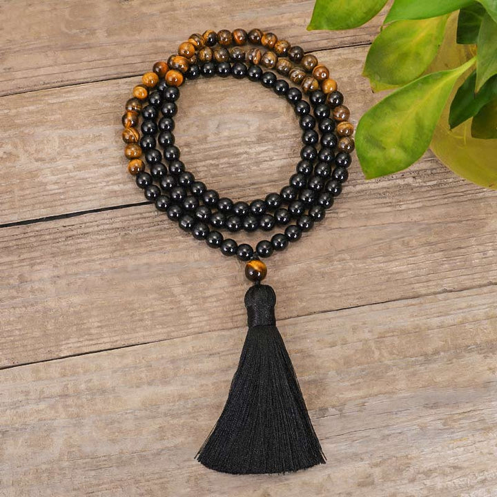 Buddha Stones Tybetański Czarny Onyks Tygrysie Oko Ochrona Naszyjnik Mala Zestaw