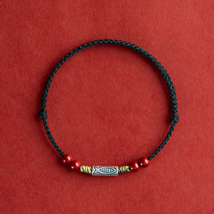 Buddha Stones 925 Srebro Sterling Ryba Koi Koralik Cynober Bogactwo Ręcznie Robiona Bransoletka Pleciona Bransoletka na Nogę