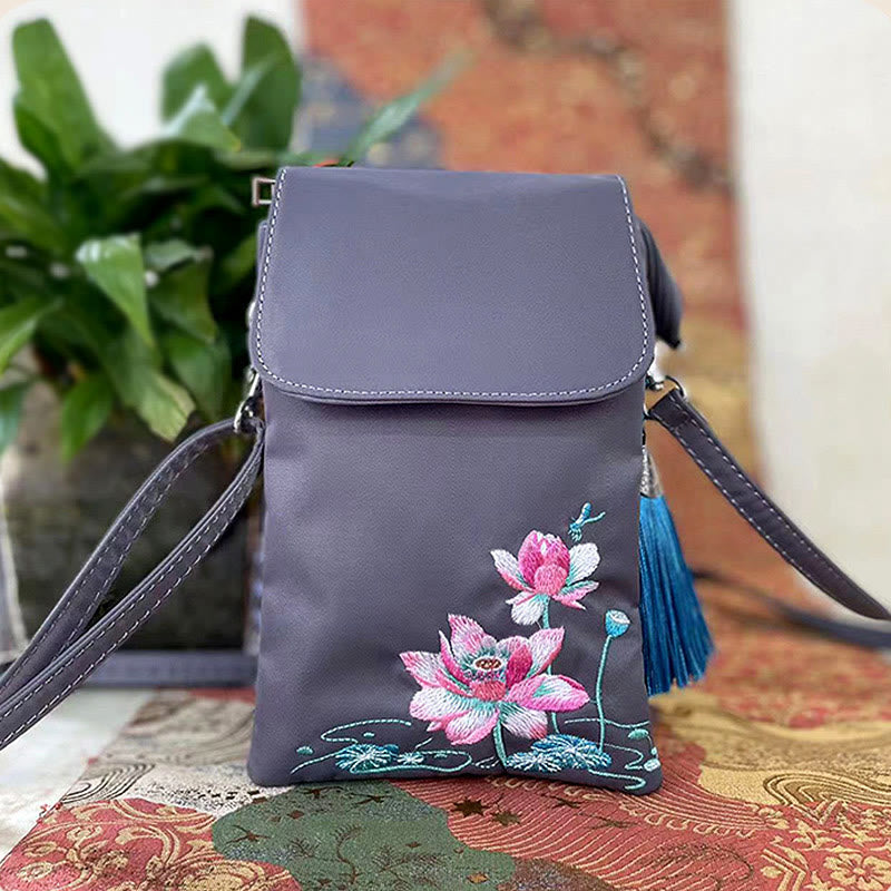 Buddha Stones Wodoodporna Ręcznie Haftowane Kwiaty Lotosu Torba Crossbody Torba Na Ramię Torba Na Telefon Komórkowy