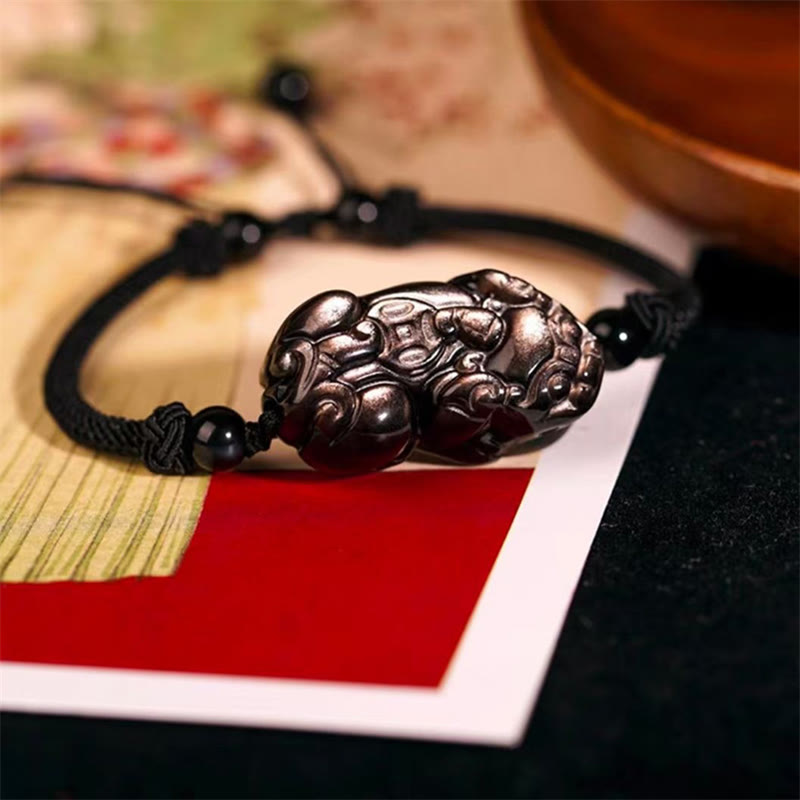 Buddha Stones Naturalny Obsydian Ametyst Cytryn PiXiu Cooper Moneta Bogactwo Bransoletka
