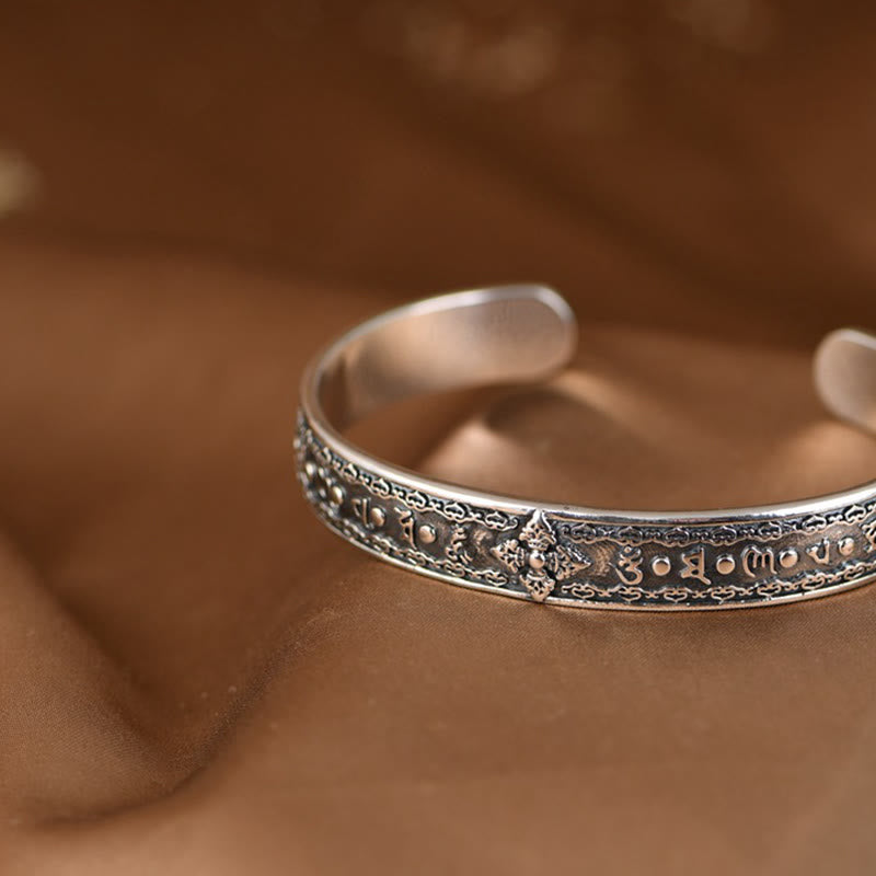 Buddha Stones 925 Srebro Sterlingowe Om Mani Padme Hum Podwójna Dorje Grawerowana Mądrość Bransoletka Mankiet Bangle