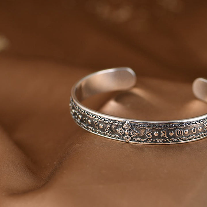 Buddha Stones 925 Srebro Sterlingowe Om Mani Padme Hum Podwójna Dorje Grawerowana Mądrość Bransoletka Mankiet Bangle