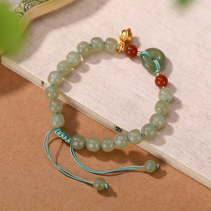 Buddha Stones 925 Srebro Sterling Naturalny Hetian Jade Peace Buckle Bransoletka Szczęścia z Czerwonego Agatu