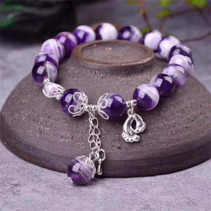 Buddha Stones 925 Srebro Sterling Naturalny Ametyst Uzdrawiająca Stopa Miłość Serce Bransoletka