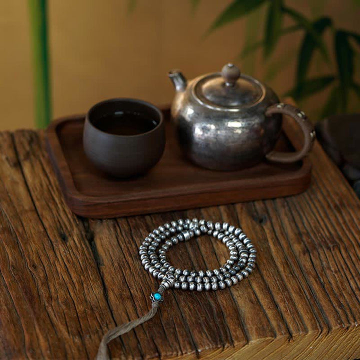 Buddha Stones 108 Mala Beads 925 Srebro Sterling Czerwony Agat Turkusowy Bransoletka z Zawieszką Pewności