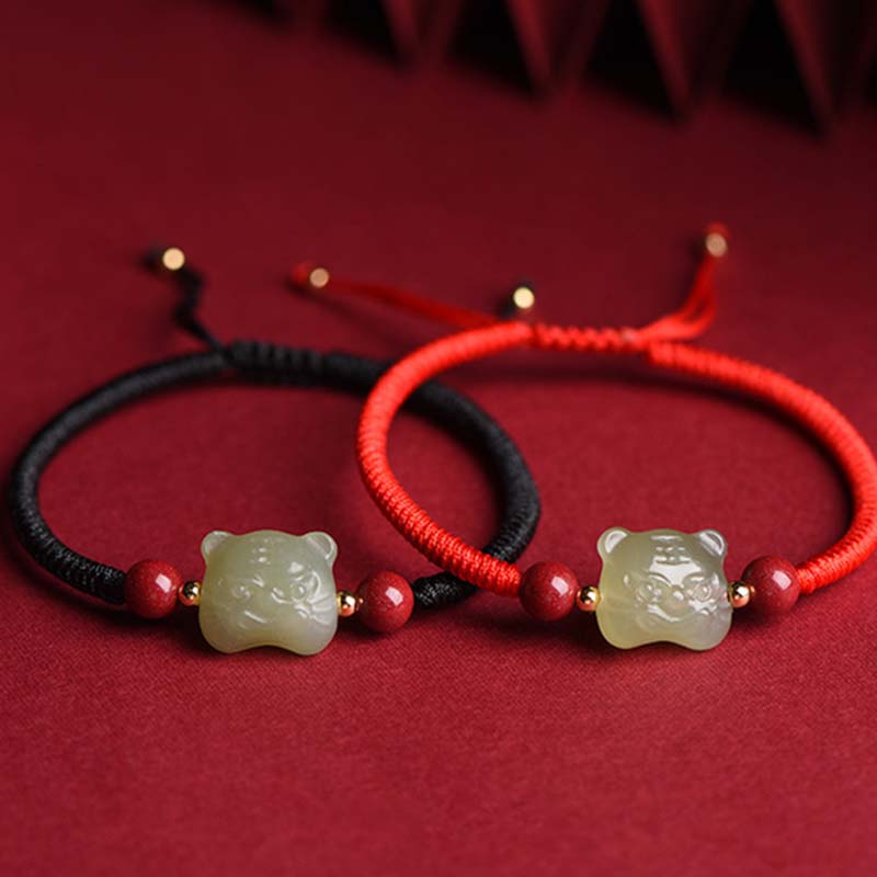 Bransoletka z jadeitu i cynobru z Buddha Stones, szczęście, tygrys