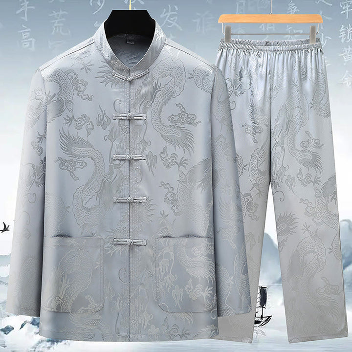 Buddha Stones Tang Suit Mężczyźni Hanfu Chiński Smok Tradycyjne Ubrania Kung Fu Koszula Jednolity Długi Rękaw Płaszcz Bluzki i Spodnie Odzież Męska Zestaw - Szary - US/UK/AU42， EU52 (3XL) - image 0