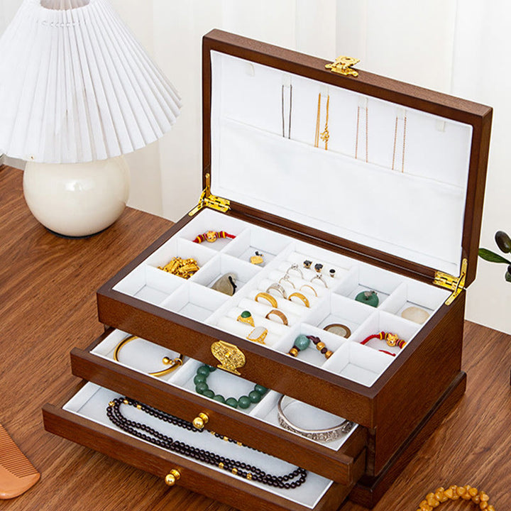 Drewniane pudełko na biżuterię w stylu retro z Buddha Stones, trójwarstwowe pudełko do przechowywania biżuterii