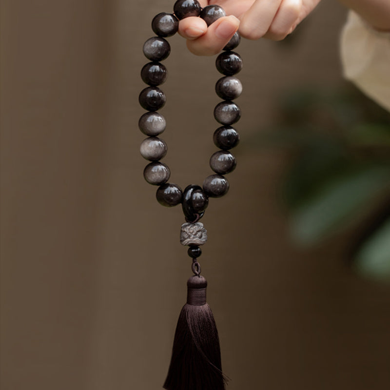 Buddha Stones Naturalny Srebrny Połysk Obsydian Czarny Obsydian Lew Mala Ochrona Nadgarstka Frędzle Kieszonkowa Mala Dekoracja Samochodu