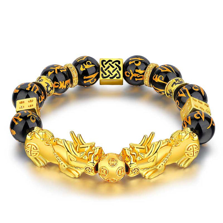 Buddha Stones FengShui Podwójny PiXiu Obsydian Om Mani Padme Hum Bransoletka Bogactwa