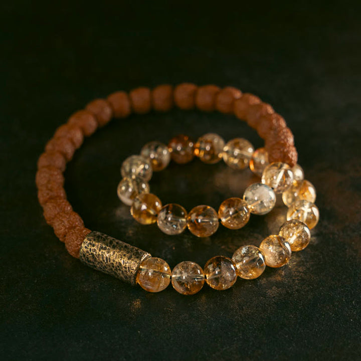 Buddha Stones Naturalny Kryształ Cytrynu Rudraksha Bodhi Nasiona Mosiężne Koraliki Dobrobytu Podwójnie Owijana Bransoletka
