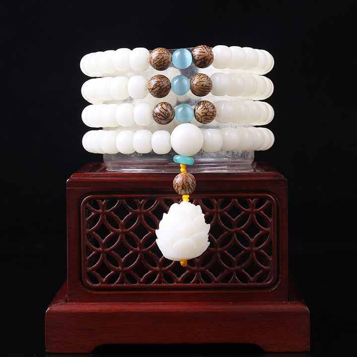 Buddha Stones Białe Nasiona Bodhi Mala 108 Koralików Bransoletka Szczęścia
