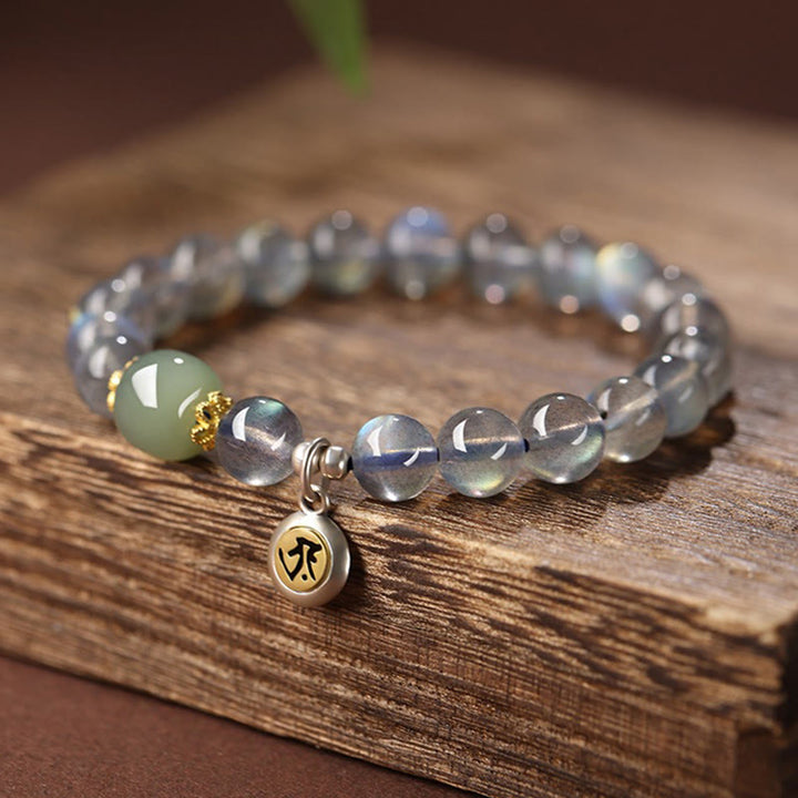 Buddha Stones Chiński Zodiak Natal Budda 925 Srebro Sterling Naturalny Kamień Księżycowy Hetian Jade Pozytywna Bransoletka
