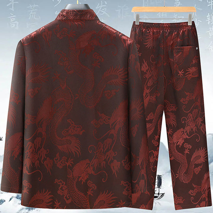 Buddha Stones Tang Suit Mężczyźni Hanfu Chiński Smok Tradycyjne Ubrania Kung Fu Koszula Jednolity Długi Rękaw Płaszcz Bluzki i Spodnie Odzież Męska Zestaw - image 2
