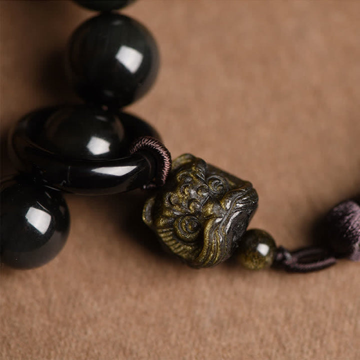 Buddha Stones Naturalny Czarny Obsydian Lew Nadgarstek Mala Ochrona Frędzle Kieszonkowa Mala Dekoracja Samochodu