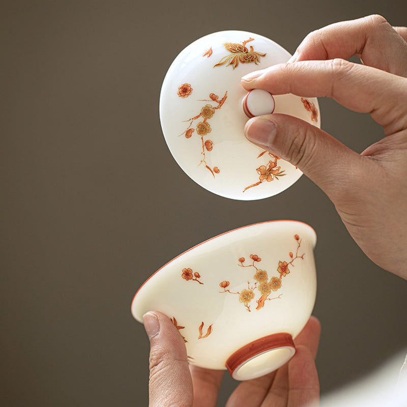 Buddha Stones Białe Porcelany Kwiaty Ceramiczny Gaiwan Sancai Filiżanka Kung Fu Filiżanka I Spodek Z Pokrywką