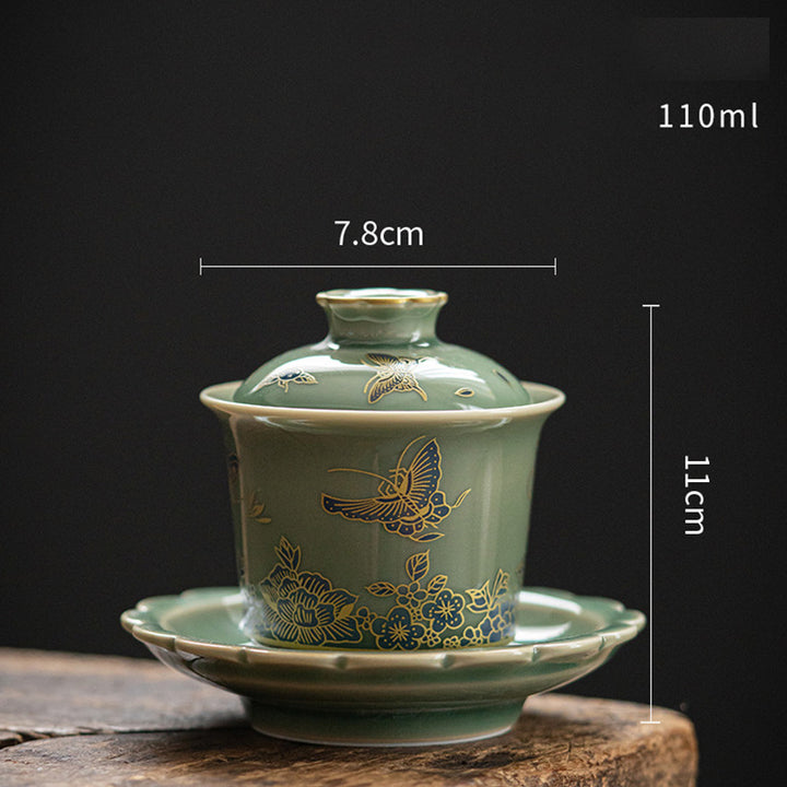 Buddha Stones Zielona Porcelana Motyl Kwiat Łosoś Ceramiczny Gaiwan Sancai Filiżanka Kung Fu Filiżanka I Spodek Z Pokrywką