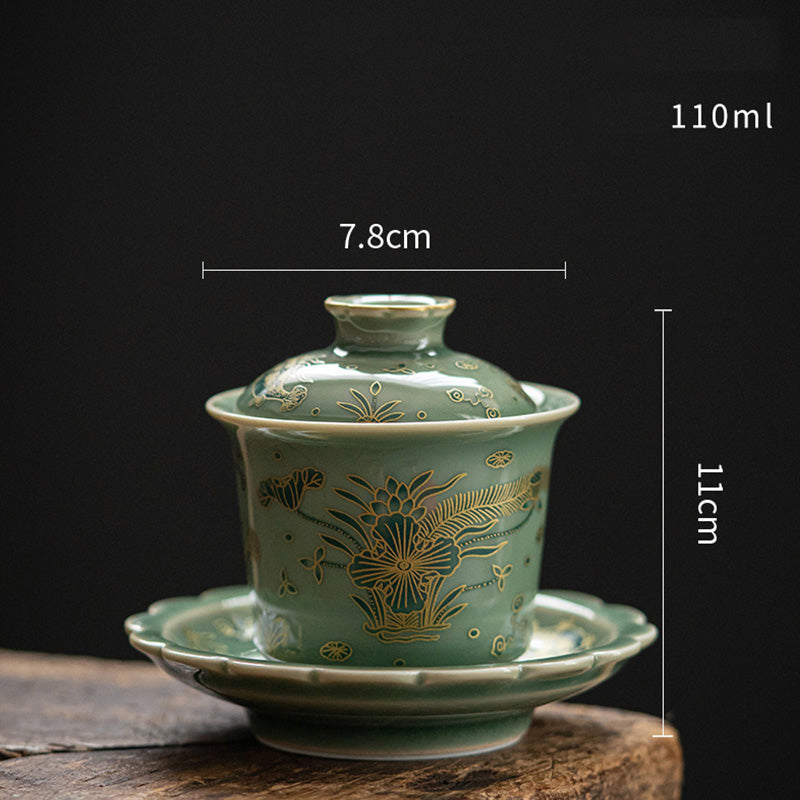 Buddha Stones Zielona Porcelana Motyl Kwiat Łosoś Ceramiczny Gaiwan Sancai Filiżanka Kung Fu Filiżanka I Spodek Z Pokrywką