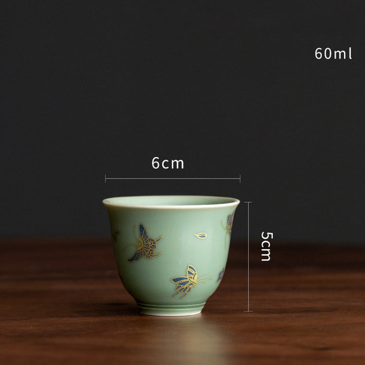 Buddha Stones Zielona Porcelana Motyl Kwiat Łosoś Ceramiczny Gaiwan Sancai Filiżanka Kung Fu Filiżanka I Spodek Z Pokrywką