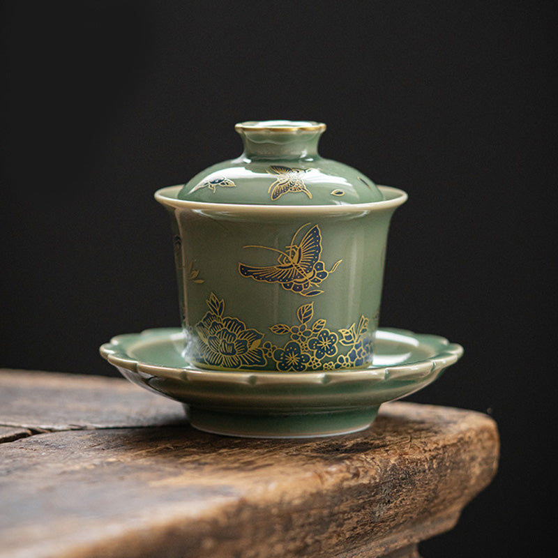 Buddha Stones Zielona Porcelana Motyl Kwiat Łosoś Ceramiczny Gaiwan Sancai Filiżanka Kung Fu Filiżanka I Spodek Z Pokrywką