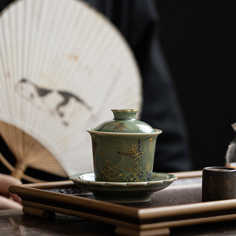 Buddha Stones Zielona Porcelana Motyl Kwiat Łosoś Ceramiczny Gaiwan Sancai Filiżanka Kung Fu Filiżanka I Spodek Z Pokrywką