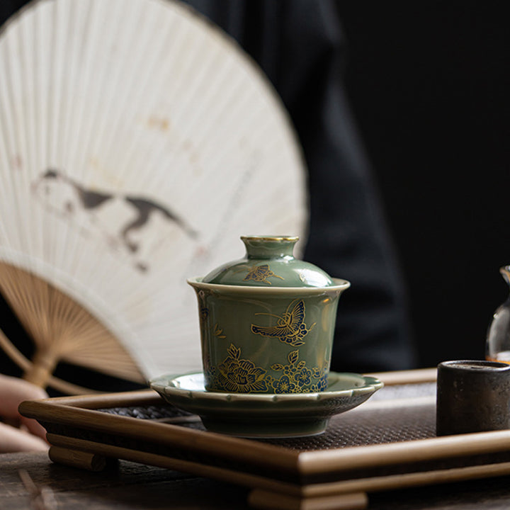 Buddha Stones Zielona Porcelana Motyl Kwiat Łosoś Ceramiczny Gaiwan Sancai Filiżanka Kung Fu Filiżanka I Spodek Z Pokrywką